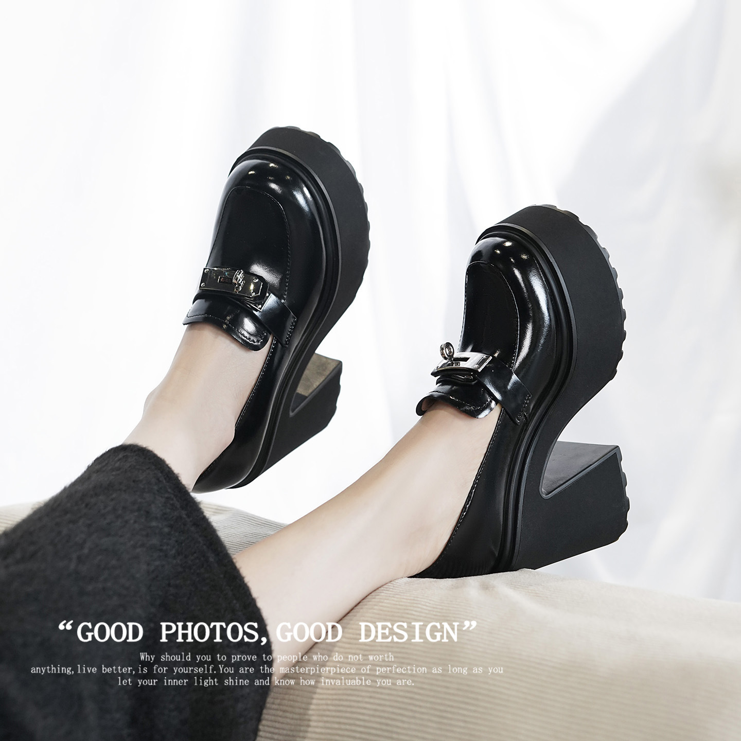 Giày loafer nữ đế xuồng platform gót cao 12 cm khóa cài da thật — màu đen