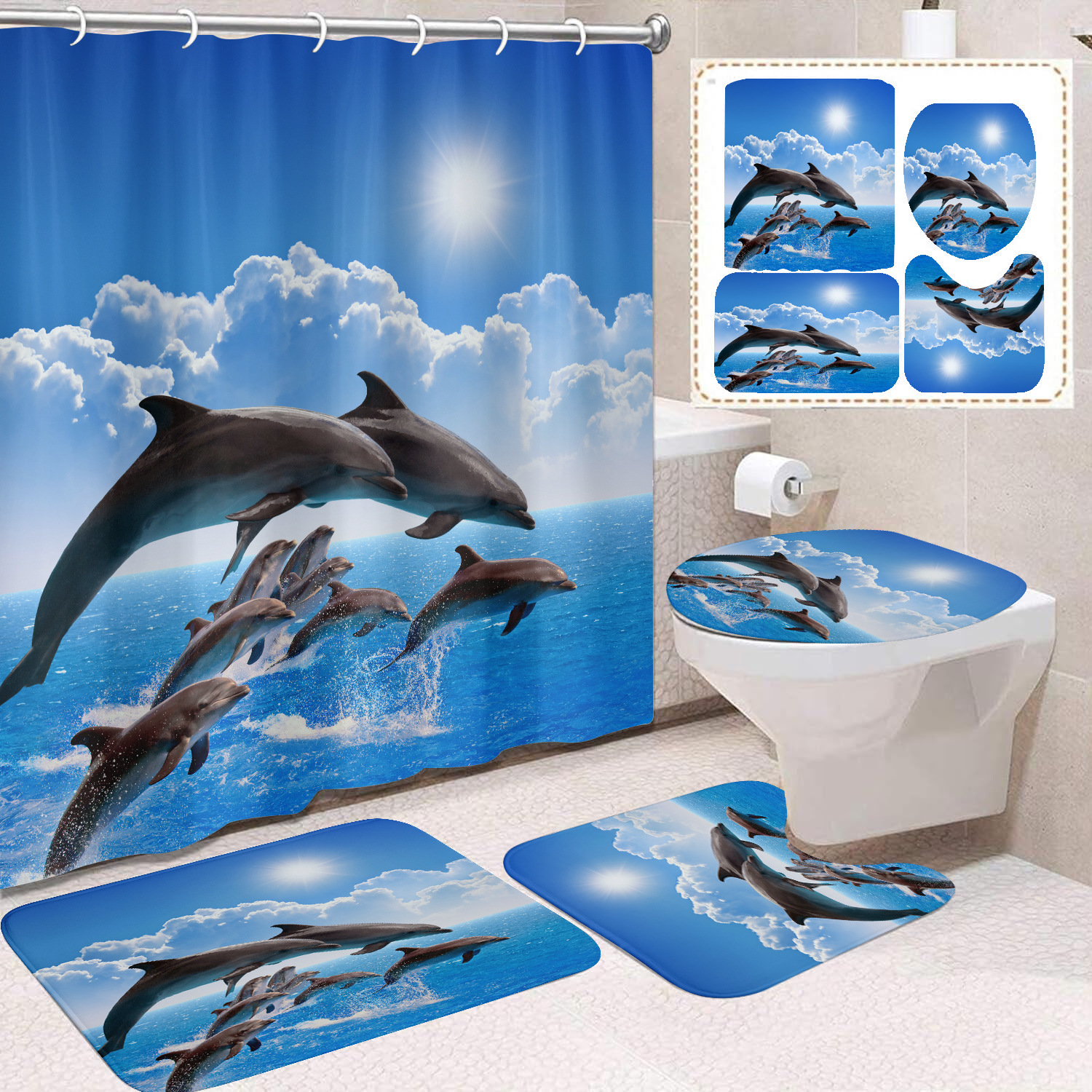 Cortina de ducha transfronteriza con diseño de delfines azules, estampada digitalmente, de poliéster, sin perforaciones, para baño, decoración del hogar image 10