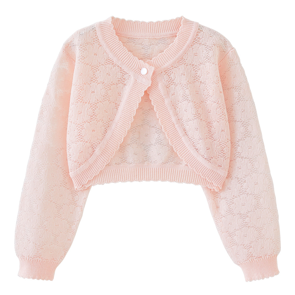 Mother & Kids Flower Hollow One Button Girls Knitted Cardigan Coat Girls' Floral Lace Single Button Knit Cardigan Sun Protection Thin Sweater Shawl_voghion.com