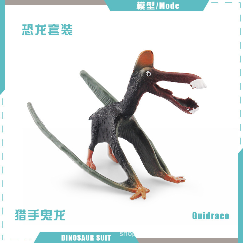Modelos realistas de mini dinosaurios jurásicos transfronterizos: figuras de pterodáctilo, estegosaurio, parasaurolophus, velociraptor, therizinosaurus, ornithoraptor.