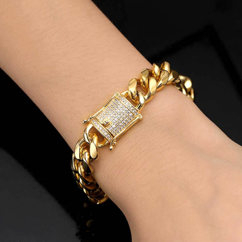 Cuban Link Bracelet For Men 18k Gold Plated Stainless Steel Chain_voghion.com