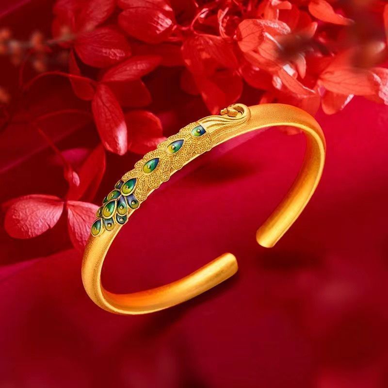Brazalete de estilo de estilo chino chapado en oro, antiguo método rico y noble quemado pulsera azul Peacock brazalete de apertura de pulsera de mujer temperamento universal