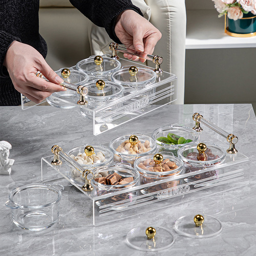 ins light luxury glass dried fruit dish round compartment tray cake fruit snack snack plate European style platter with lid