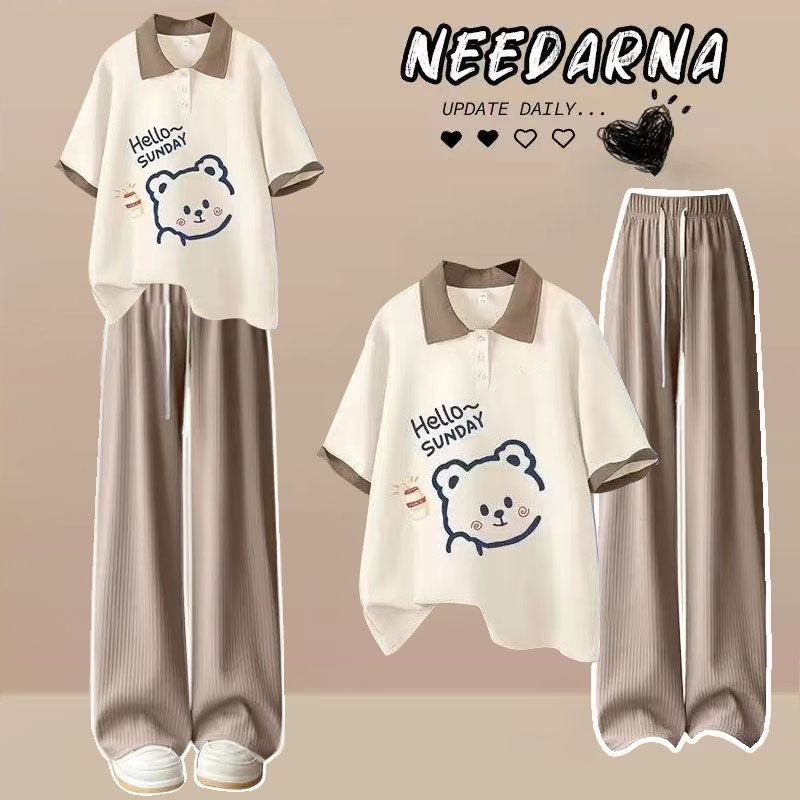 Summer small fresh suit women 2025 new academic style loose polo collar casual short sleeve T-shirt two-piece set batch