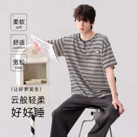 夏季新款纯棉男士短袖长裤套头睡衣时尚休闲男家居服图片色居家