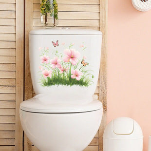 Pink Flower Butterfly Toilet Sticker Self-Adhesive Toilet Tank Decoration Sticker Renovation Bathroom Wall Cabinet Sticker