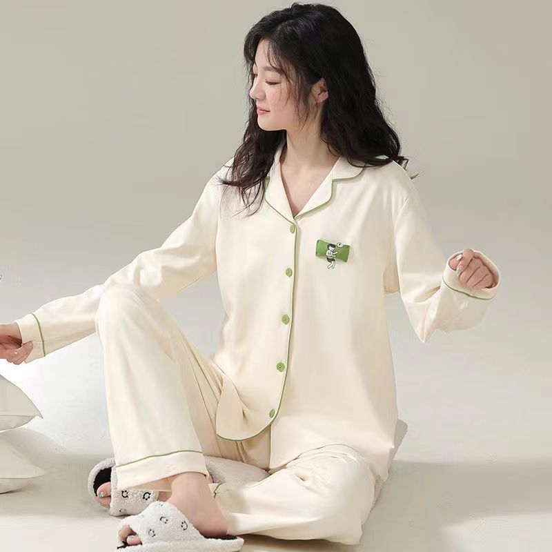 Autumn and Winter Women's Cardigan Long-Sleeved Pajamas Large Size Cute Cartoon Girl Spring and Autum Home Clothes Set Can Be Worn Outside