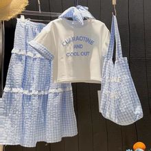 网红女童韩版花边裙套装中大童夏季新款洋气字母短袖格子两件套潮