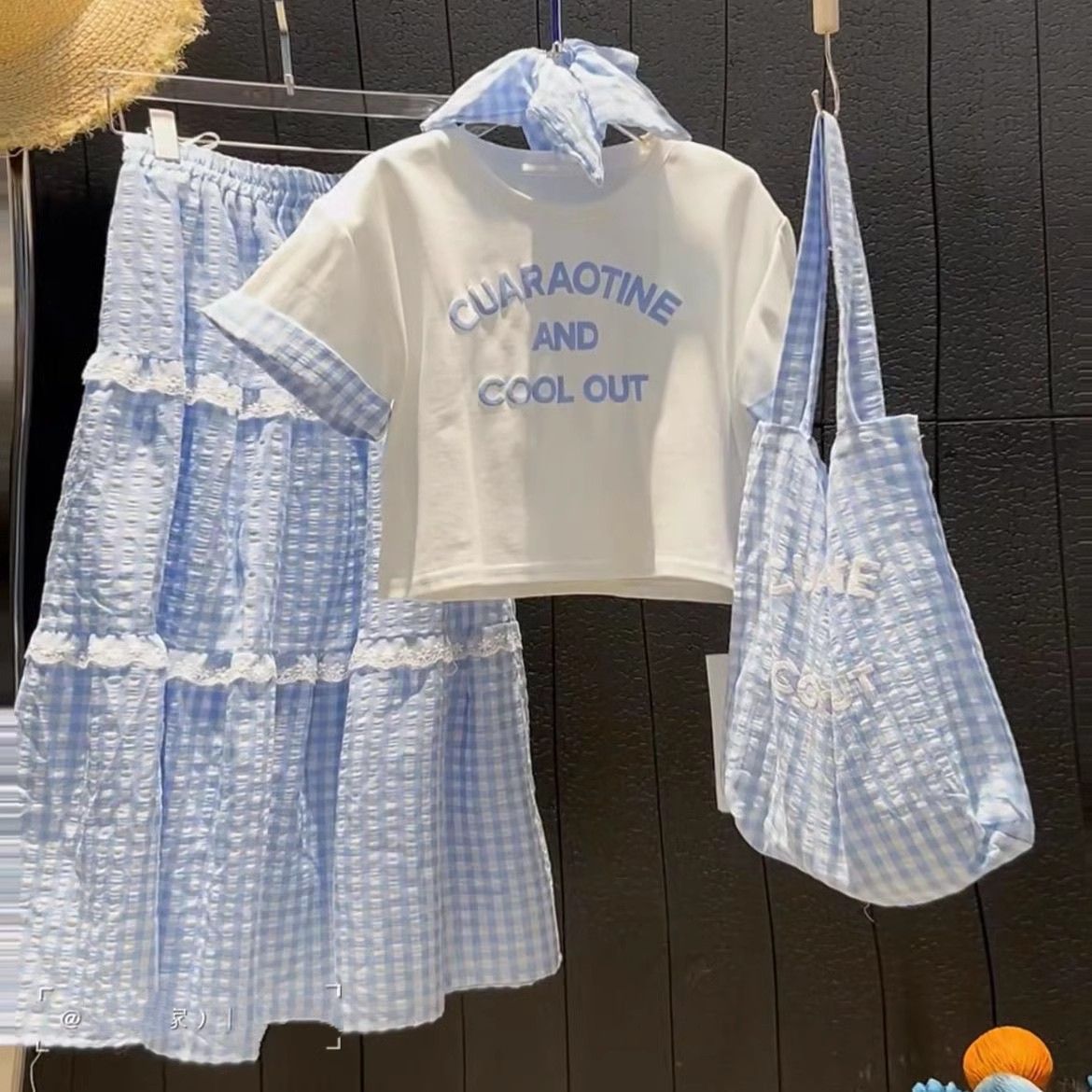 网红女童韩版花边裙套装中大童夏季新款洋气字母短袖格子两件套潮