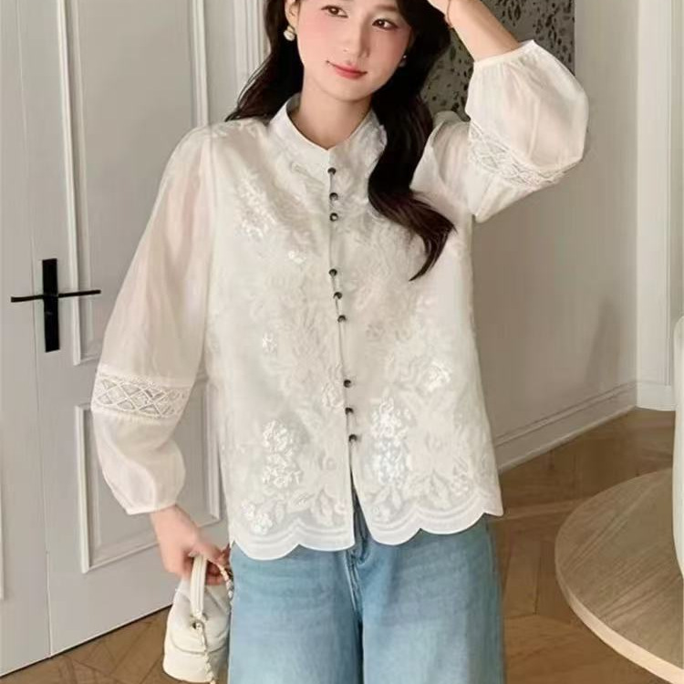New Chinese-Style National Style Women's Clothing, Heavy Embroidery Floral Long-Sleeve Shirt, New Spring/Summer French-Style Elegant Tencel Shirt