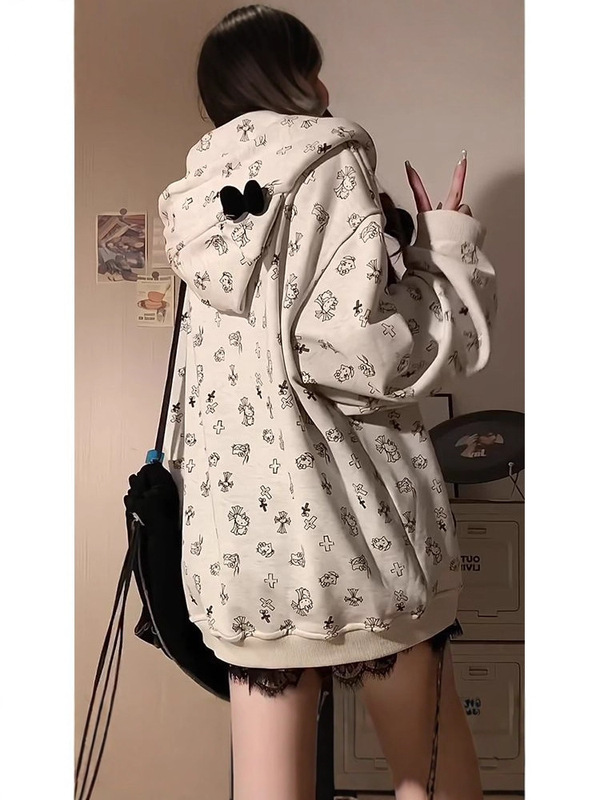 美式复古设计感满印kt猫开衫连帽卫衣女秋冬新款宽松慵懒风外套潮|undefined