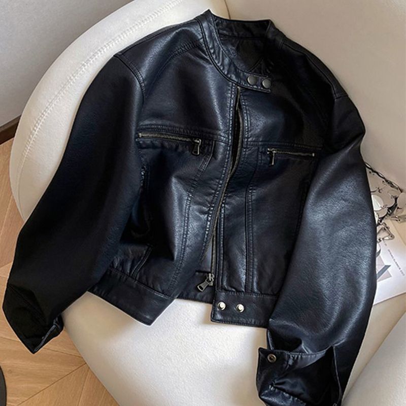 Spring and Autumn Leather Jacket Women's New Hong Kong Style Retro Short Motorcycle Jacket for Small People Loose Leather Jacket Chenille Spring and Autumn Leather Jacket Women's New Hong Kong Style Retro Short Motorcycle Jacket for Small People Loose Leather Jacket Chenille