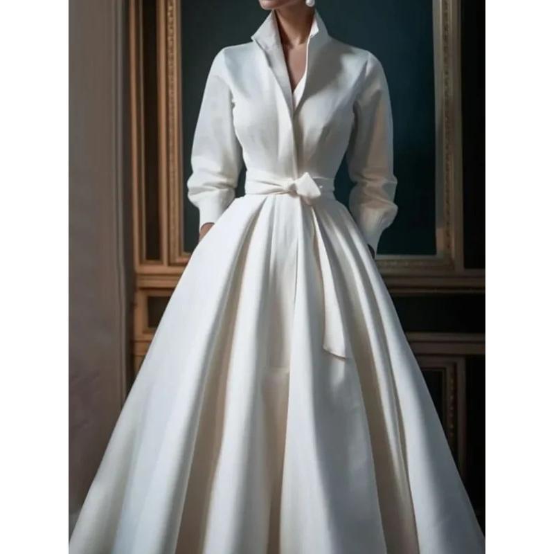 Women's Elegant Shirt Dress Long Sleeve Stand Collar White|undefined