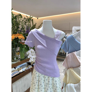 Xl32 New Style Muse-Like Lace Suspender Off-Shoulder Knitwear Summer Short-Sleeved Asymmetrical Slimming Look Top