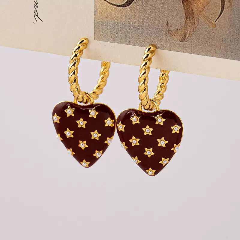 小香风爱心珍珠耳环女轻奢立体复古高级感酒红色小众设计感耳饰