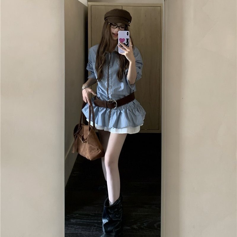 韩系设计感撞色条纹长袖衬衫上衣女早秋小众别致宽松chic气质衬衣|undefined