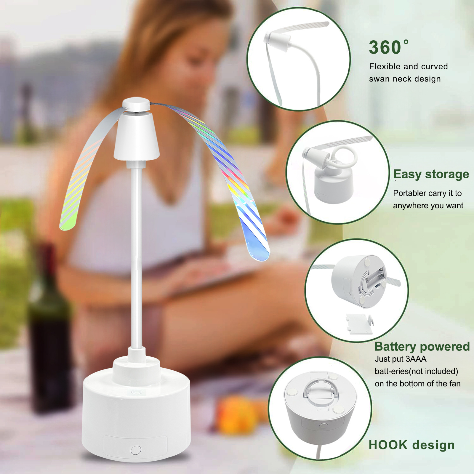 Ventilador repelente de moscas y mosquitos, uso en camping y cocina