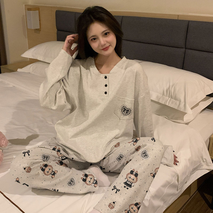 可爱全棉睡衣女春秋季纯棉套头长袖长裤卡通少女家居服套装可外穿|undefined