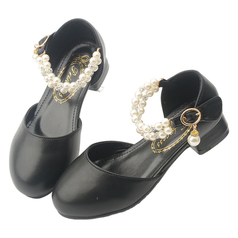 Primavera y otoño nuevo diamante perla niñas princesa de zapatos de tacón alto estilo coreano blanco rendimiento zapatos de cuero para estudiantes zapatos de los niños