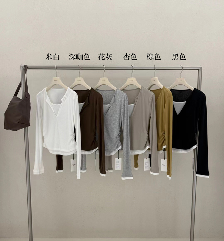 TTOO VOUIS秋季新款5140抽褶收腰半开V领假两件防晒长袖T恤女薄|undefined