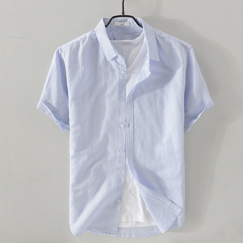 Men's Summer Cotton and Linen Short-Sleeved Shirt Lapel Casual Youth Simple Breathable Versatile Linen Shirt 301