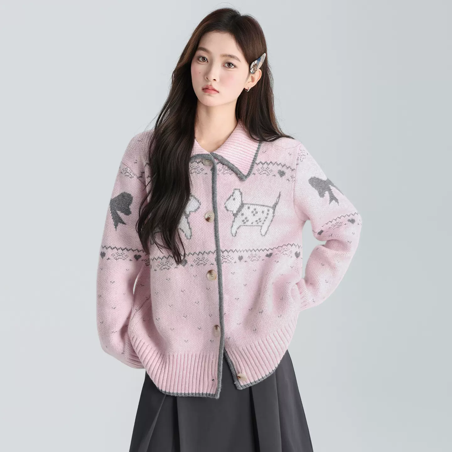 粉色POLO领小狗提花长袖毛衣外套秋冬新款排扣针织开衫复古上衣女