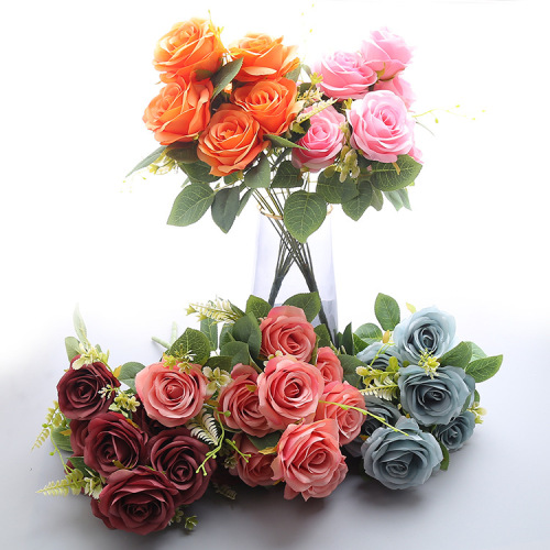 Simulated European autumn color 10-head rose bouquet wedding shopping mall home vase flower arrangement fake silk cloth flower decoration