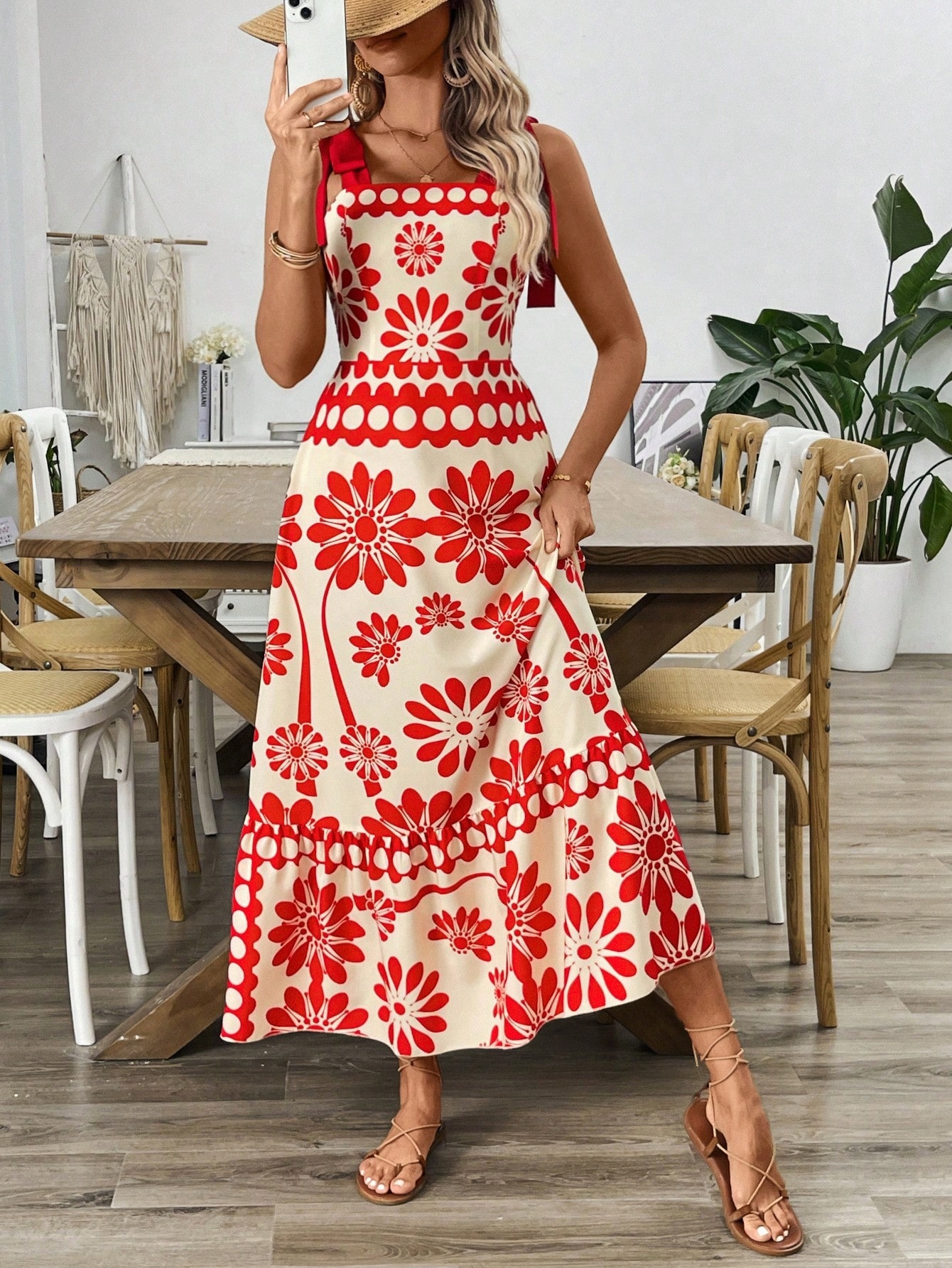 European American Foreign Trade Clothing Women's Bohemian Style With Floral Shoulder Straps And Tie-Up Long Dress_ecoleips.com
