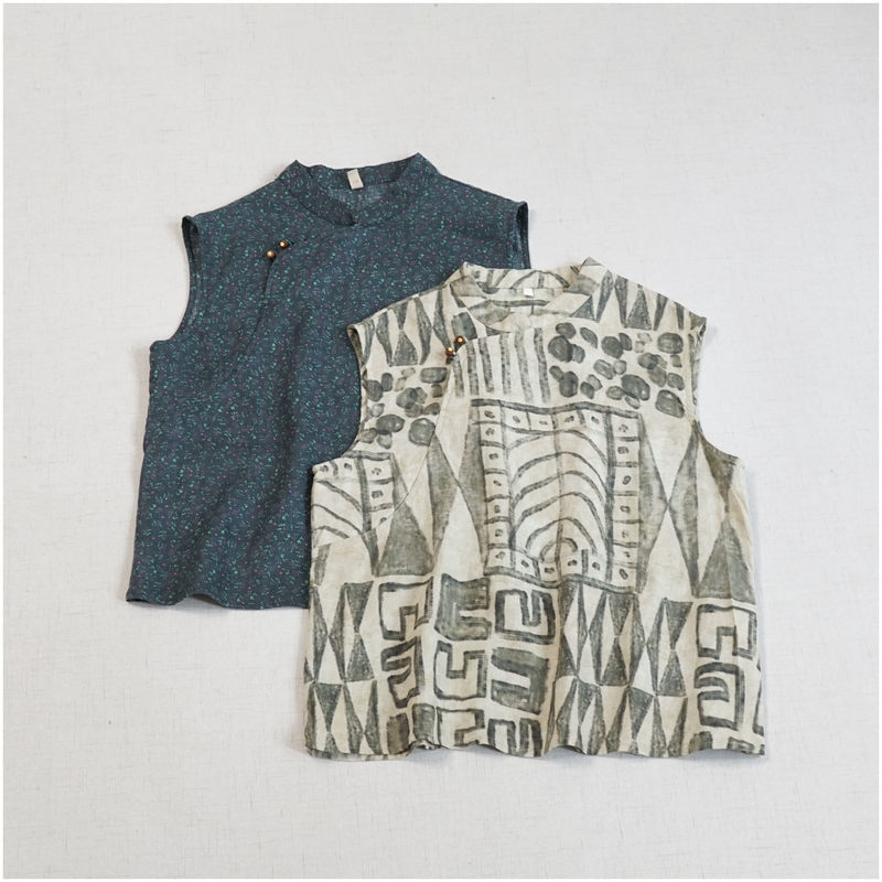 Personal Collection~New Chinese-Style Improved Hemp Digital Print Stand-Collar Shirt Japanese Retro Niche Floral Pattern Outerwear Vest