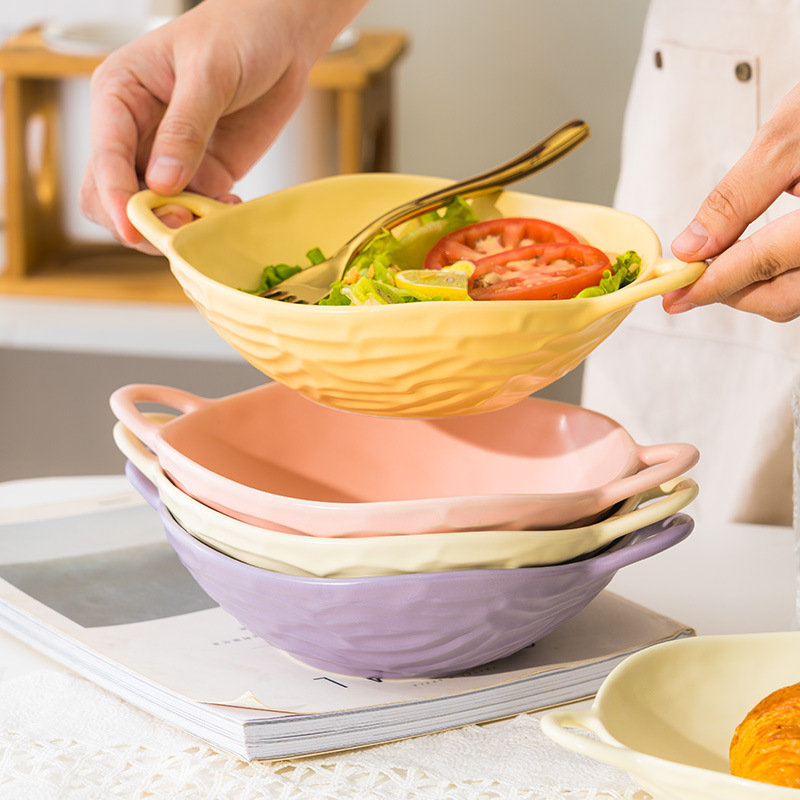 Tazón de sopa de color bajo vidriado irregular de aspecto alto tazón de fideos instantáneos de aspecto alto Tazón de cerámica de vajilla de estilo japonés simple de doble oreja