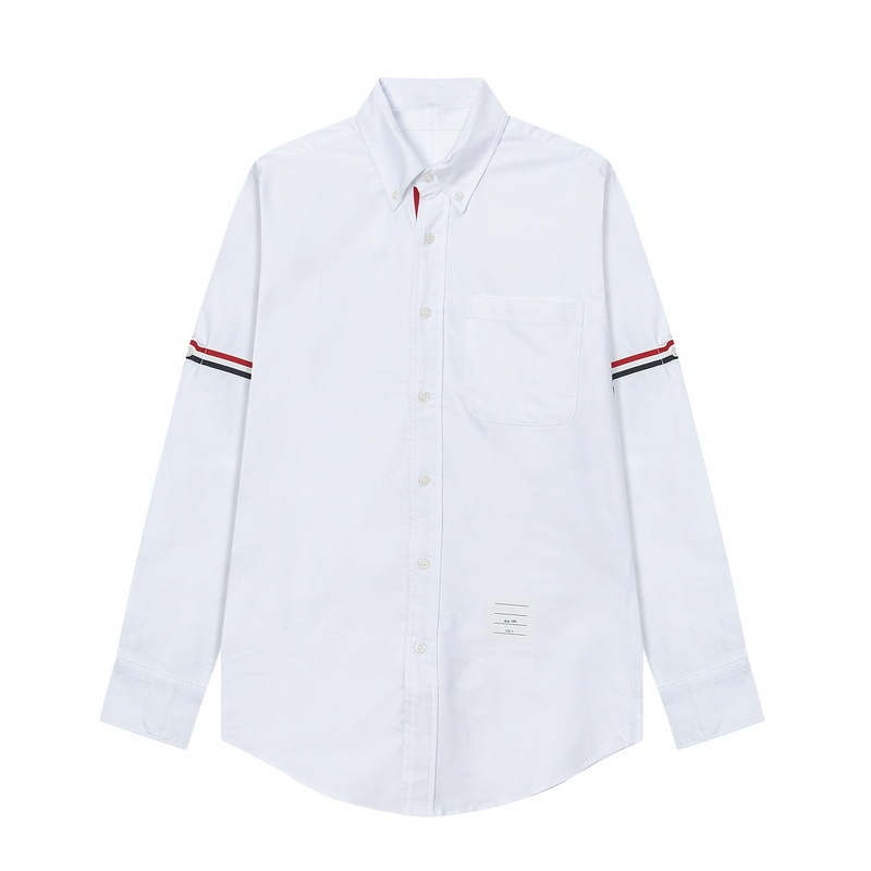 In-Stock Tb Jl Oxford Fabric Double-Sleeve Placket Red, White, and Blue Striped Men's Long-Sleeve Shirt with Pocket Decoration White Shirt