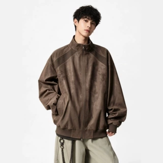 美式扎染解构立领PU皮夹克男潮秋季老钱风复古痞帅工装机车服外套