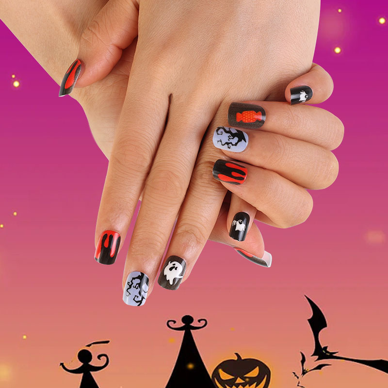Uña de Halloween manicure rosa caramelo amor negro estrella luna fantasma blanco diamante uñas