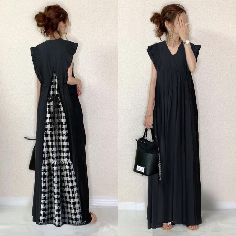 2026 Japanese-Style Summer New Women's Clothing Back-Tie Plaid Pattern Patchwork Ruffled Sleeve V-Neck Dress