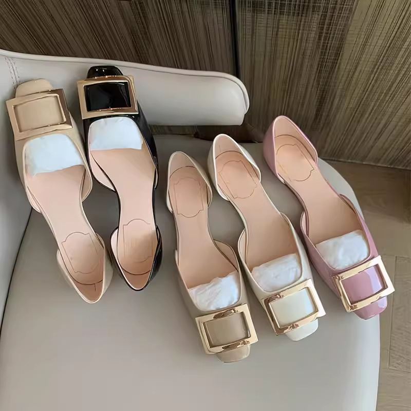 2026 Spring New Elephant Gray Patent Leather Rv Square Buckle Hollow Flats Women's Flat Shallow Square-Toe Sandals Women's Low Heels