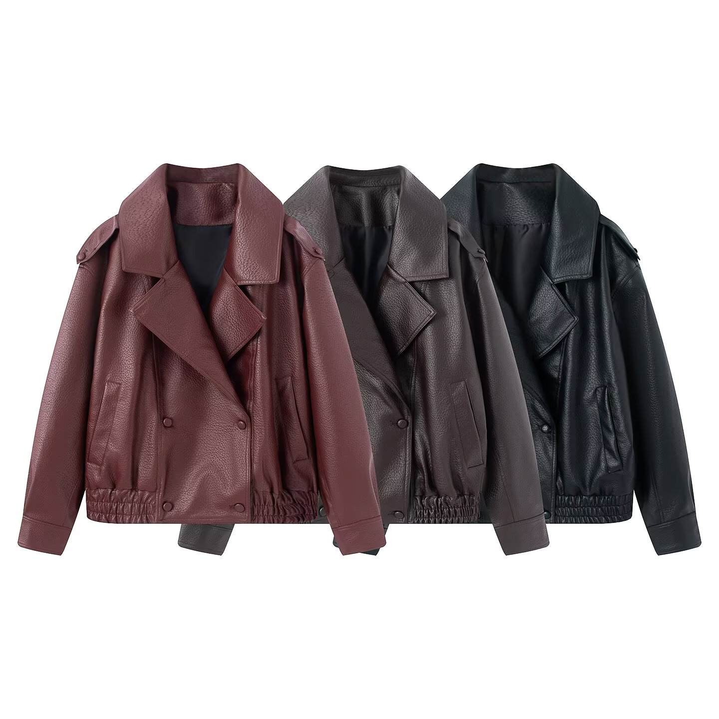 Qadın qısa süni dəri jaket, boş kəsiliş, 2026 yaz kolleksiyası