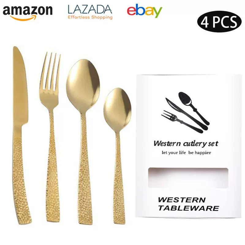 亚马逊不锈钢刀叉勺24件套锤纹手柄勺子餐具套装酒店西餐牛排刀叉