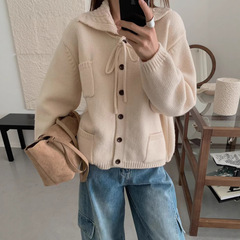 韩系设计感甜美蝴蝶结针织开衫女秋冬季新款宽松减龄洋气毛衣外套