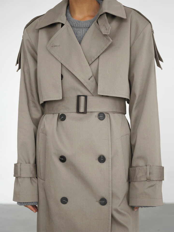 Áo khoác trench coat nữ dáng dài phong cách Âu Mỹ, chất liệu cotton, form rộng có dây thắt eo — Màu kaki, màu xám chi tiết 48