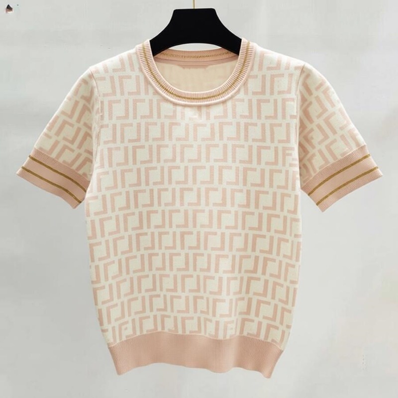 Letter presbyteric top 24 summer new contrast color full print Joker knitted crew neck short sleeve T-shirt women Letter presbyteric top 24 summer new contrast color full print Joker knitted crew neck short sleeve T-shirt women