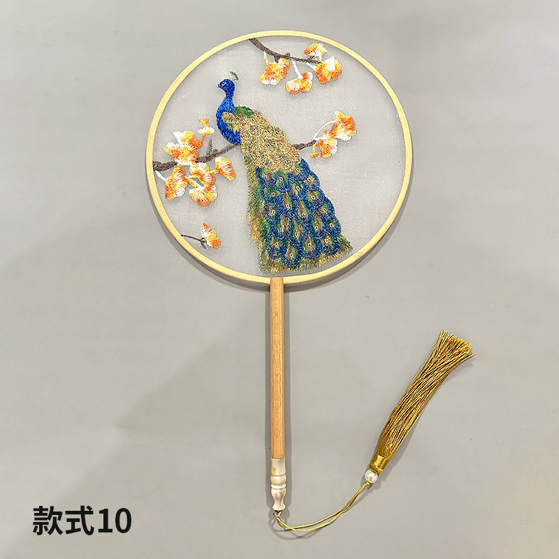 Abanico de grupo bordado Abanico redondo clásico Abanico de palacio Hanfu chino Estilo antiguo Mango largo Borla Cheongsam Ventilador de baile de seda transparente