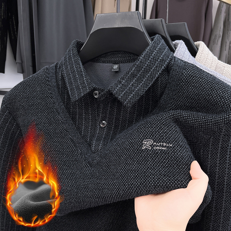 Popular Fake Two-Piece Sweater Winter Warm Fleece-Lined Thickened Men's Knitwear Lapel Korean Fashion Slim Men's Clothing