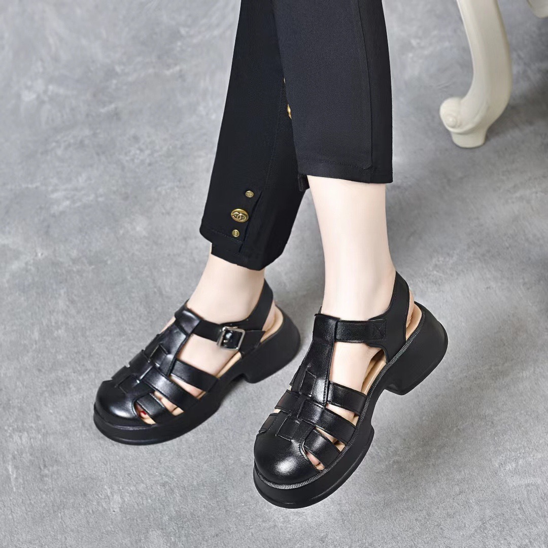Sandal nữ đế dày da thật quai chữ V bọc mũi hở gót — Màu đen chi tiết 4