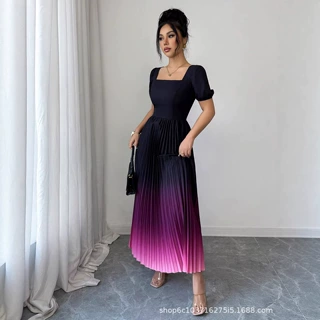 跨境欧美女装2026新品夏季风渐变压褶长款礼服裙方领连衣裙