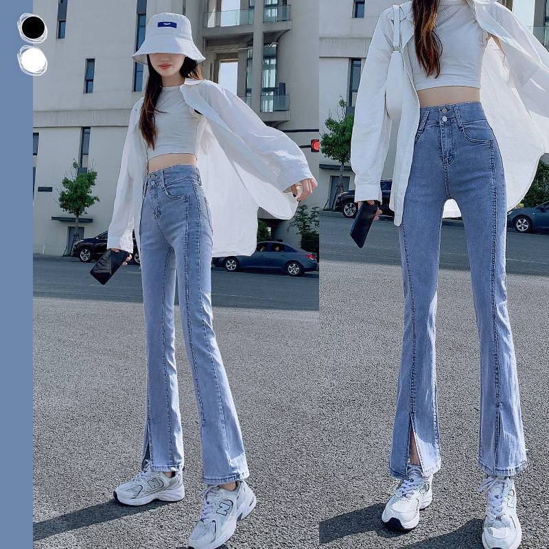 Light color split jeans women's spring and autumn 2022 new small high waist tight slim cropped micro flared pants Light color split jeans women's spring and autumn 2022 new small high waist tight slim cropped micro flared pants