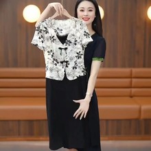 新中式假两件妈妈装连衣裙女夏季洋气中年女装休闲蕾丝拼接长裙夏