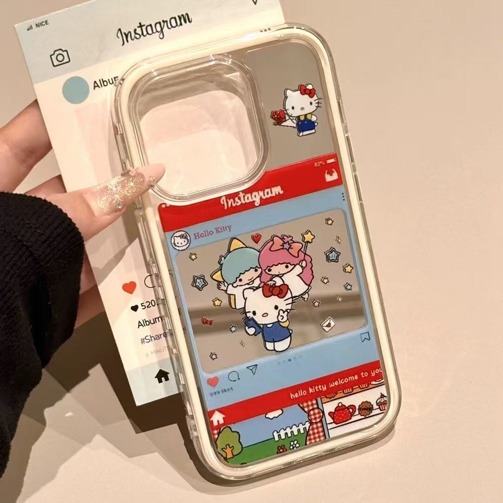 Dibujos animados lindo espejo KT gato para Apple 16proMax funda para teléfono móvil 15Pro chica 14/13 colgante 15PM