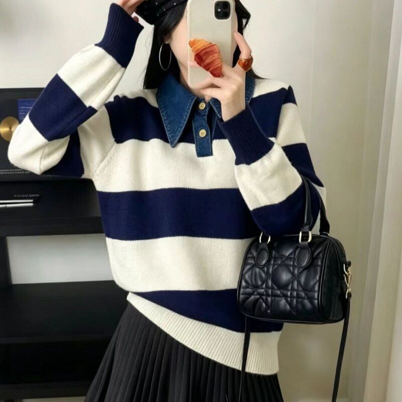 Casual striped turn-down collar sweater for women, autumn/winter 2022 new Korean style loose pullover knit top Casual striped turn-down collar sweater for women, autumn/winter 2022 new Korean style loose pullover knit top