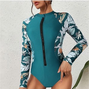 2025 Amazon Europe and America sexy AliExpress foreign trade one-piece plus size swimsuit conservative long sleeve retro printed zipper