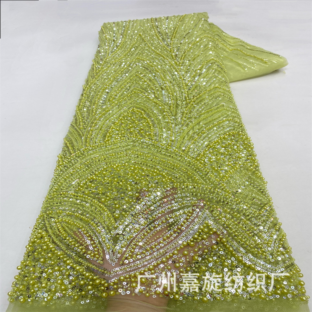 Tela de malla bordada con lentejuelas y cuentas teñidas ecológicamente, con rayas cruzadas, para vestidos de novia y trajes de escenario, tela de bordado con cuentas de alta resistencia.